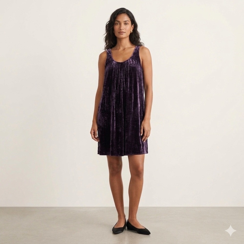 CP Shades Crushed Velvet Silk Blend Pleated Shift Dress Dark Purple Size XS